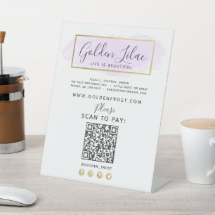 Paarse Lila Waterverf & Gold Scan om contact te be Reclamebord Met Voetstuk