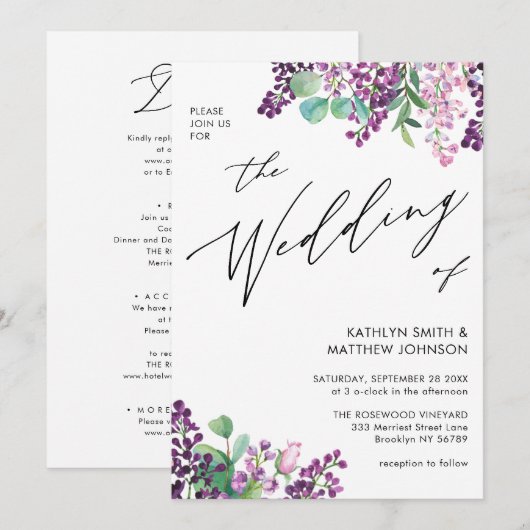 Paarse Lila Waterverf in één bruiloft Kaart (Voorkant / Achterkant)