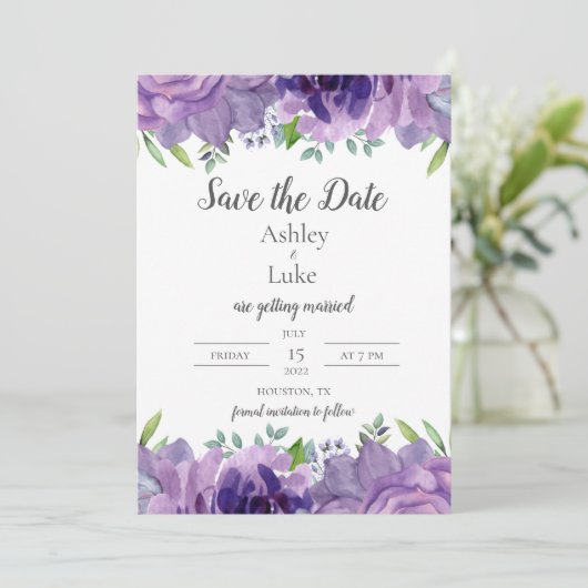 Paarse Lila Waterverf ventilator bewaart de datum Save The Date (Staand voorkant)