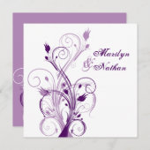 Paarse Lila Witte Bloemen Sq. Uitnodiging voor bru (Voorkant / Achterkant)