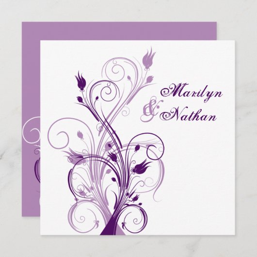 Paarse Lila Witte Bloemen Sq. Uitnodiging voor bru (Voorkant / Achterkant)