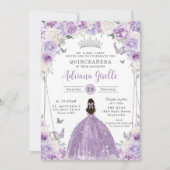 Paarse Lila Witte Bloemen Zilver Quinceañera XV 16 Kaart (Voorkant)