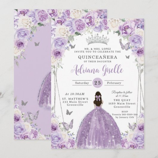 Paarse Lila Witte Bloemen Zilver Quinceañera XV 16 Kaart (Voorkant / Achterkant)