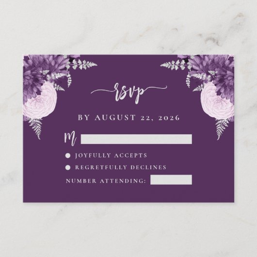 Paarse Lila Zilveren Bloemen Script Wedding RSVP Informatiekaartje (Voorkant)