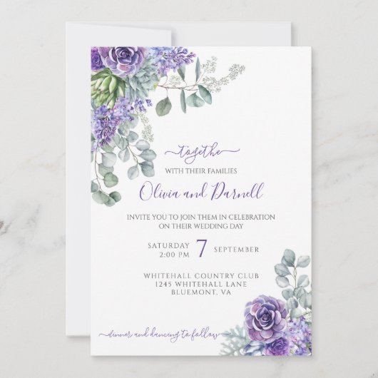 Paarse Lilacs & Succulents, Eucalyptus DIY Wedding Kaart (Voorkant)