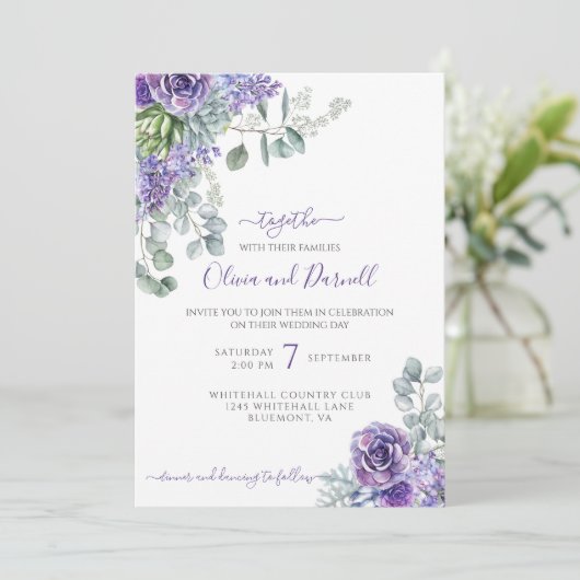 Paarse Lilacs & Succulents, Eucalyptus DIY Wedding Kaart (Staand voorkant)