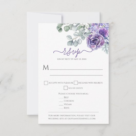 Paarse Lilacs & Succulents, Eucalyptus DIY Wedding RSVP Kaartje (Voorkant)