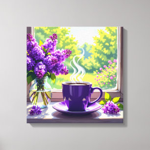 Paarse lila's en koffie Canvas Afdruk