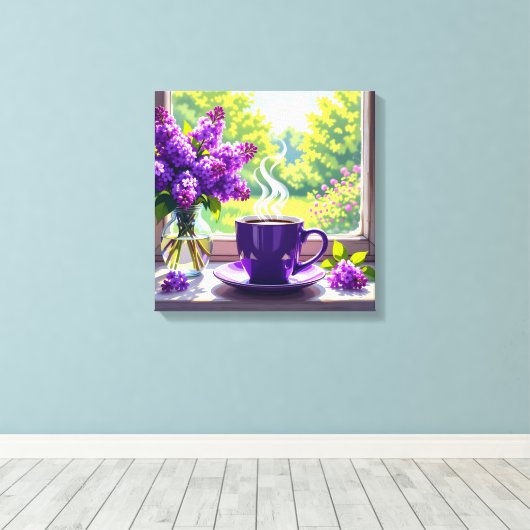 Paarse lila's en koffie Canvas Afdruk (Insitu (Houten vloer))