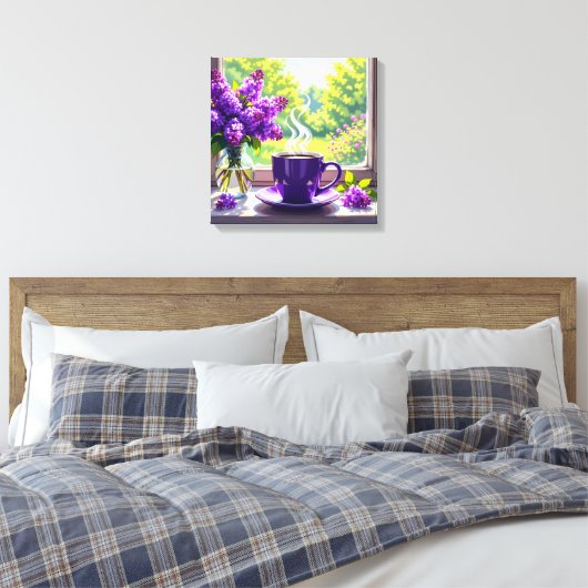 Paarse lila's en koffie Canvas Afdruk (Insitu (Slaapkamer))