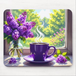 Paarse lila's en koffie Muismat