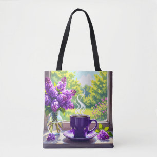 Paarse lila's en koffie Tote Bag