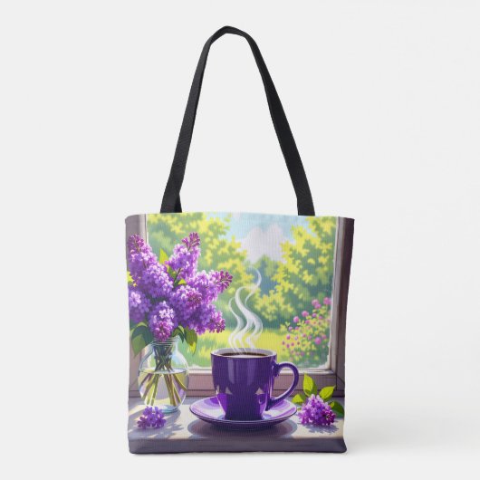  Paarse lila's en koffie Tote Bag (Achterkant)
