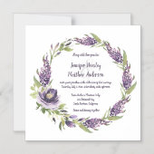 Paarse lila's en pioenen bloemenkrans bruiloft | magnetische uitnodiging (Voorkant)