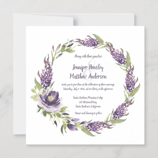 Paarse lila's en pioenen bloemenkrans bruiloft | magnetische uitnodiging (Voorkant)