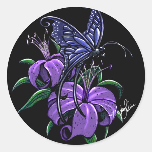 Paarse Lillies Blue Butterfly Fantasy Art Stickers (Voorkant)