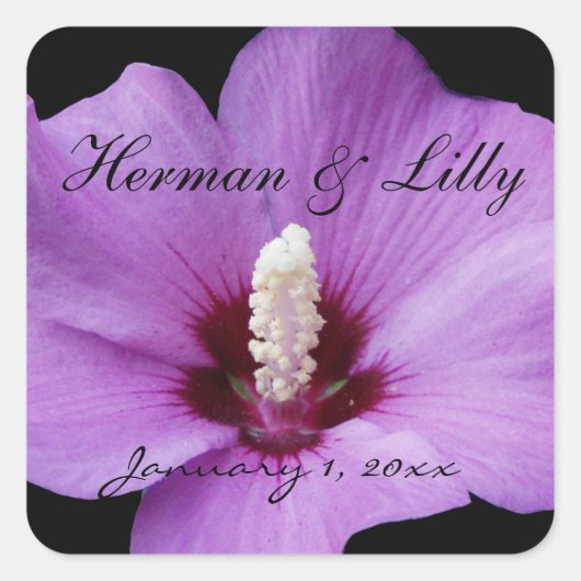 Paarse Lily Up Close Personalized Wedding Vierkante Sticker (Voorkant)