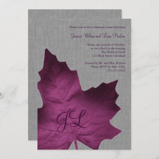 Paarse Linen Monogrammed Rehearsal Dinner Invite Kaart (Voorkant / Achterkant)