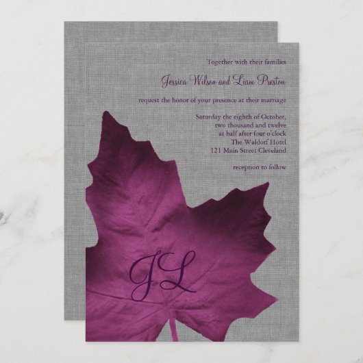Paarse Linen Monogrammed Wedding Invitation Kaart (Voorkant / Achterkant)