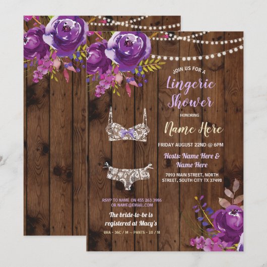 Paarse Lingerie Douche Bachelorette Hout Uitnodige Kaart (Voorkant / Achterkant)