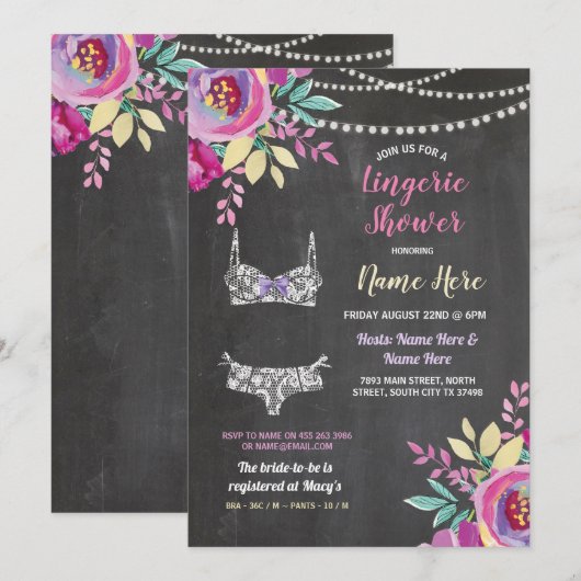 Paarse Lingerie Douche Bow Panties BH Uitnodigen Kaart (Voorkant / Achterkant)