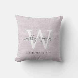 Paarse Linnen Witte Monogram Trouwherinnering Kussen