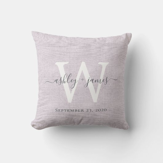 Paarse Linnen Witte Monogram Trouwherinnering Kussen (Voorkant)