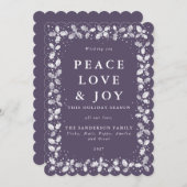 Paarse Lino Print Holly+Berry Border Flat Feestdagenkaart (Voorkant / Achterkant)