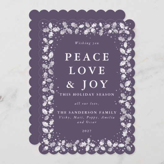 Paarse Lino Print Hulst+Bessen Rand Plat Feestdagenkaart (Voorkant / Achterkant)