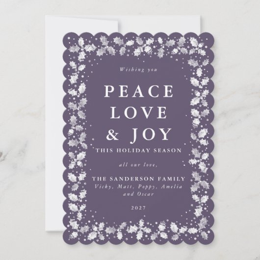 Paarse Lino Print Hulst+Bessen Rand Plat Feestdagenkaart (Voorkant)