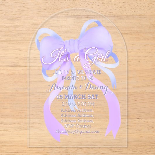 Paarse lint Baby shower boog Acryl Uitnodigingen (Voorkant)