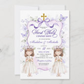 Paarse lint bloementweeling Eerste Heilige Communi Kaart (Voorkant)