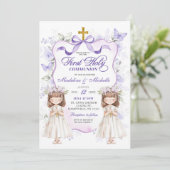 Paarse lint bloementweeling Eerste Heilige Communi Kaart (Staand voorkant)