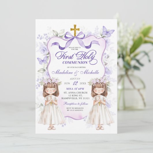 Paarse lint bloementweeling Eerste Heilige Communi Kaart (Staand voorkant)