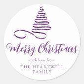 Paarse Lint Boom Prettig Kerst Script Ronde Sticker (Voorkant)