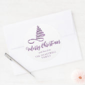Paarse Lint Boom Prettig Kerst Script Ronde Sticker (Envelop)
