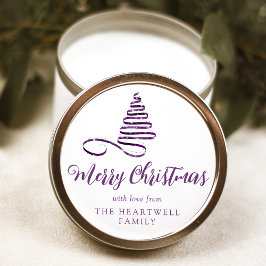 Paarse Lint Boom Prettig Kerst Script Ronde Sticker