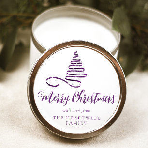 Paarse Lint Boom Prettig Kerst Script Ronde Sticker