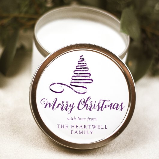 Paarse Lint Boom Prettig Kerst Script Ronde Sticker