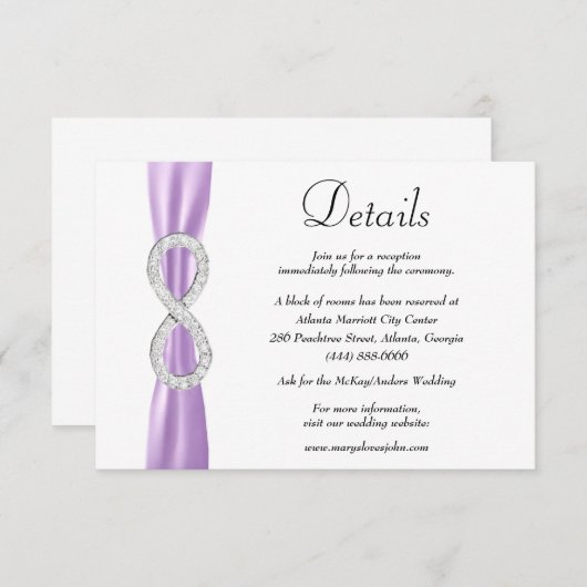 Paarse lint diamant infinity bruiloft details informatiekaartje (Voorkant / Achterkant)