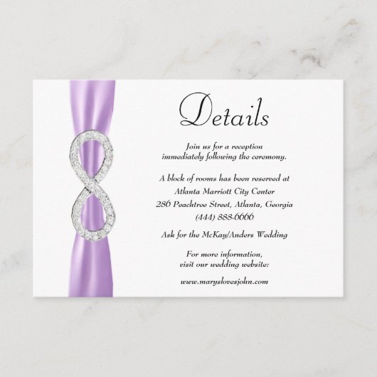 Paarse lint diamant infinity bruiloft details informatiekaartje (Voorkant)