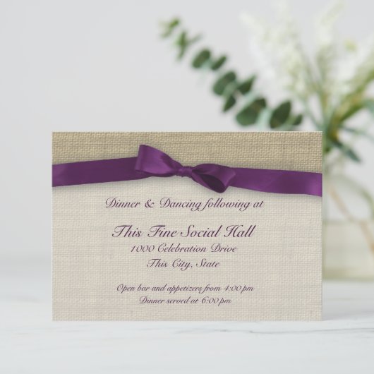 Paarse Lint en Burlap Receptie Kaart (Staand voorkant)