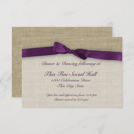 Paarse Lint en Burlap Receptie Kaart (Voorkant / Achterkant)