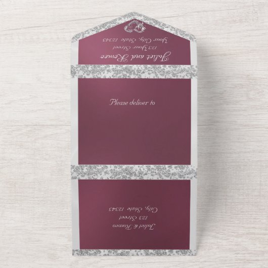 Paarse, lint- en glittergrens en -hart all in one uitnodiging (Buitenkant)