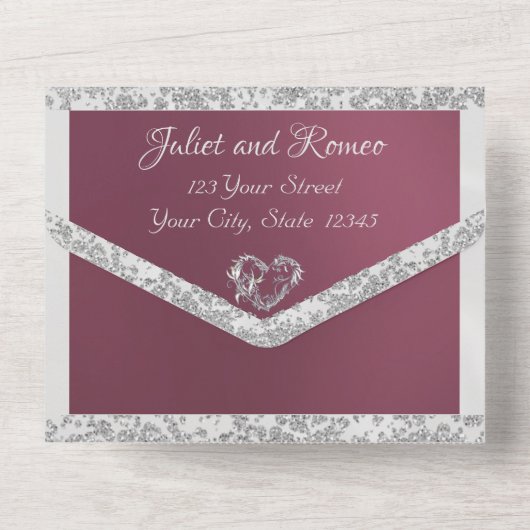 Paarse, lint- en glittergrens en -hart all in one uitnodiging (Achterkant)