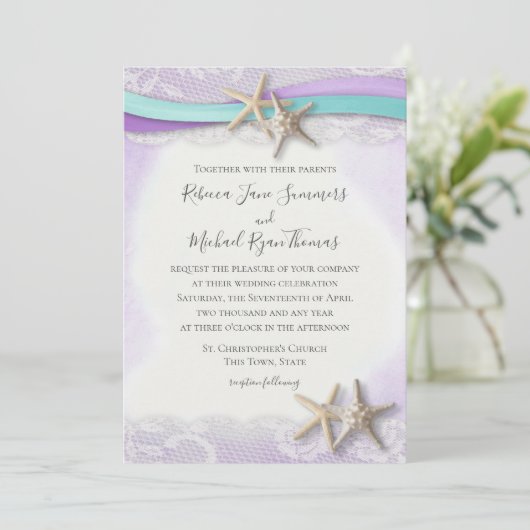 Paarse lint en zeester Waterverf bruiloft Kaart (Staand voorkant)