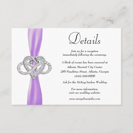 Paarse Lint Infinity Hart Bruiloft Details Informatiekaartje (Voorkant)
