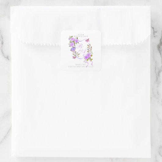 Paarse lint monogram bruiloft vierkante sticker (Tas)