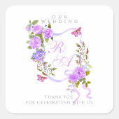 Paarse lint monogram bruiloft vierkante sticker (Voorkant)