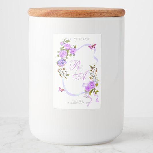 Paarse lint monogram bruiloft  voedselcontainer etiket (Voorkant)
